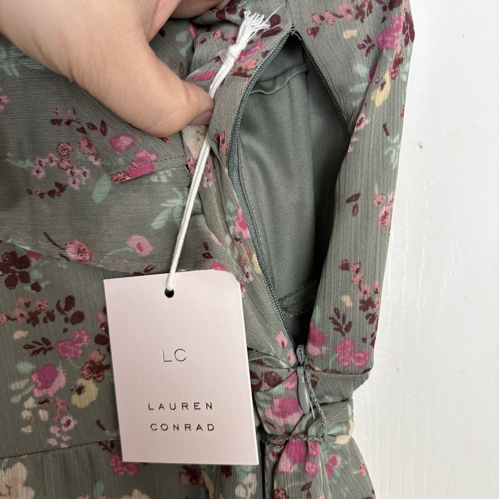 NWT LC Lauren Conrad Floral Asymmetrical Ruffle Maxi Dress Olive Size Medium - Picture 9 of 13